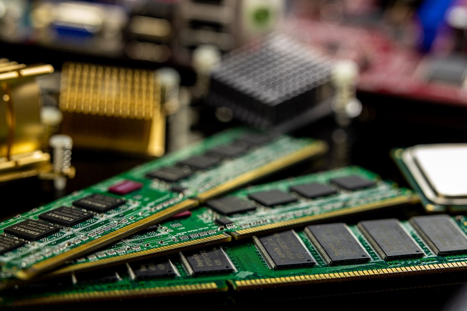 Engineer holding a graphics card with exposed high‑bandwidth memory chips, litted by cool blue datacenter lighting.