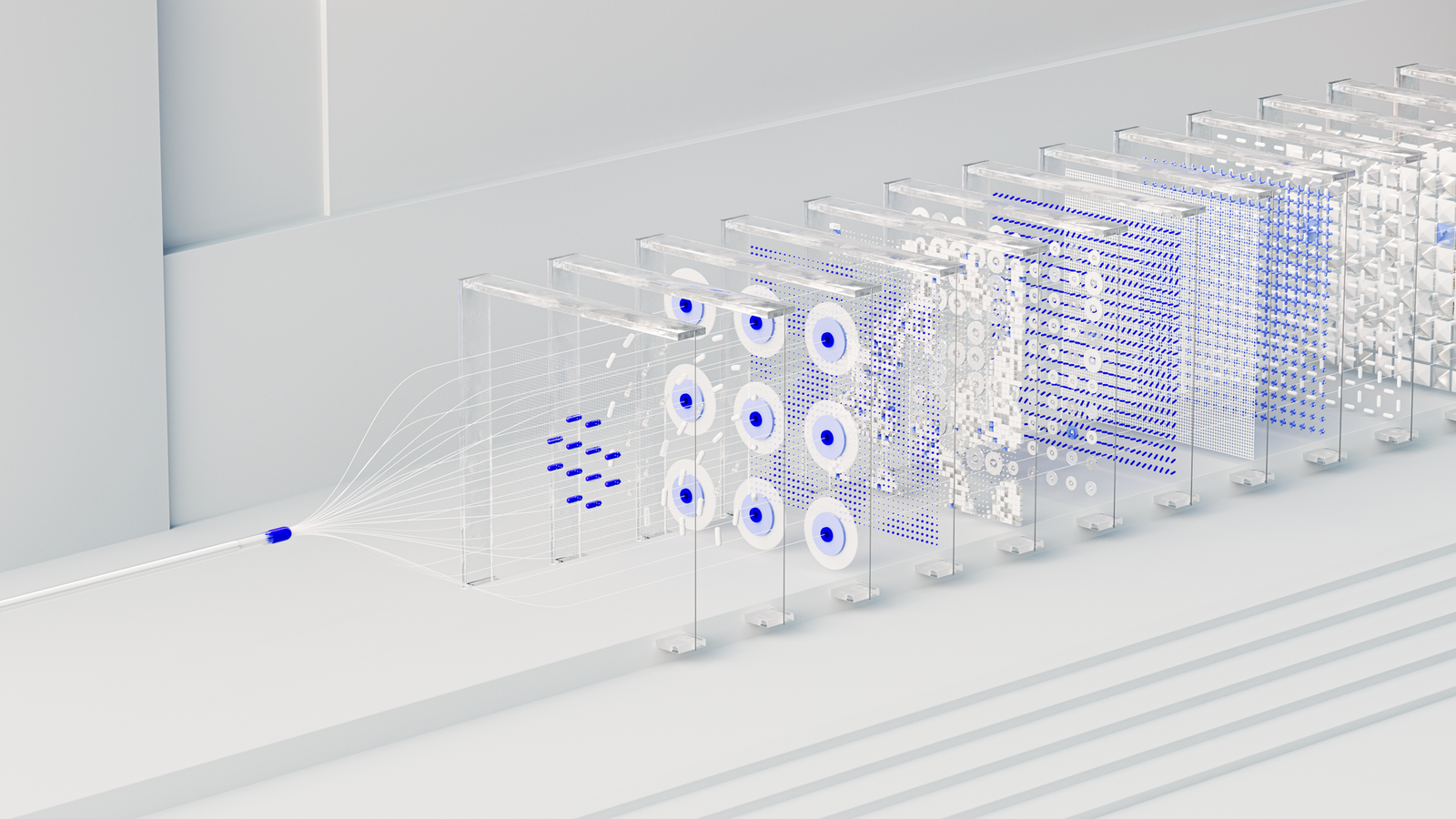 Abstract visualization of a deep learning layer being highlighted to show the single modified core layer in symerge ai synergy
