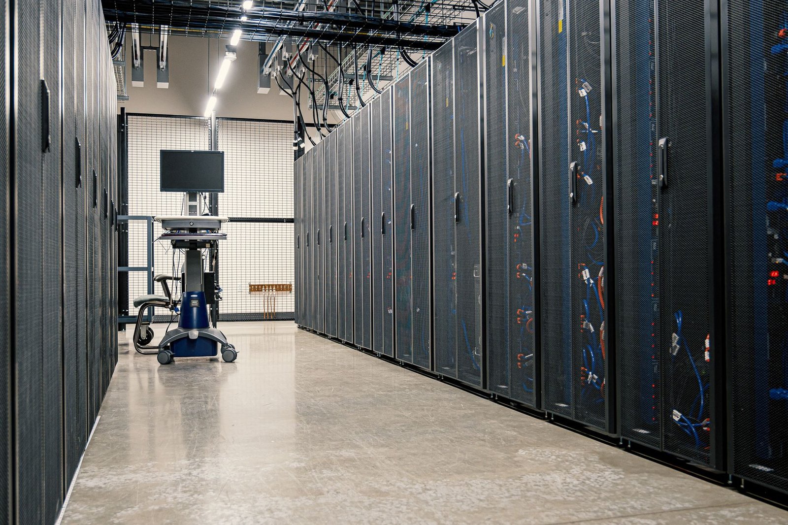 Rows of servers in a secure government data center with blue network cables